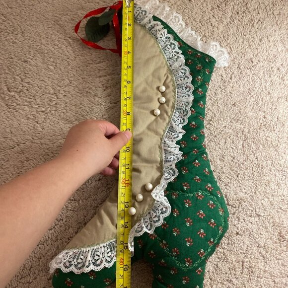 Vintage Victorian High Heel Shoe Boot Christmas Stocking Hand Made Green 17.5” - Picture 7 of 8